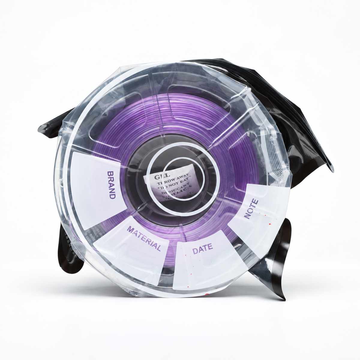Purple 3D printing filament spool sealed in a transparent vacuum storage bag on a white background